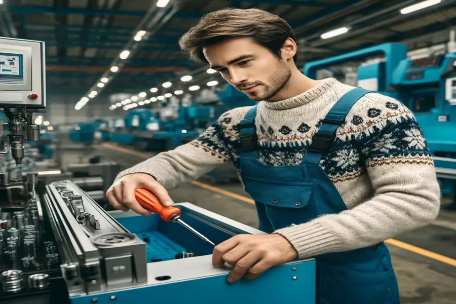 Man in a blue overall and winter sweater working on a blue industrial machine with a screwdriver in a factory.