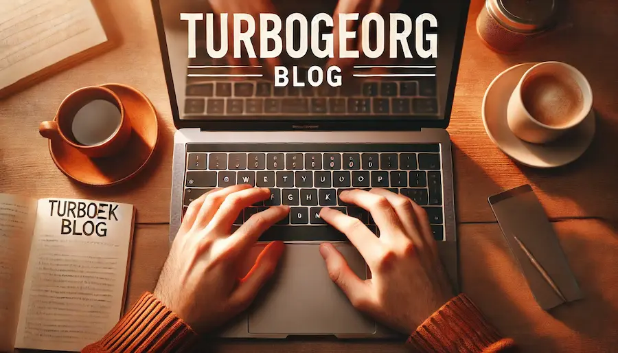 Hands typing on a laptop keyboard with the text 'TurboGeekOrg Blog' prominently displayed. The image has a warm tone and features a cozy, inviting atmosphere with a coffee cup and notebook on a wooden table