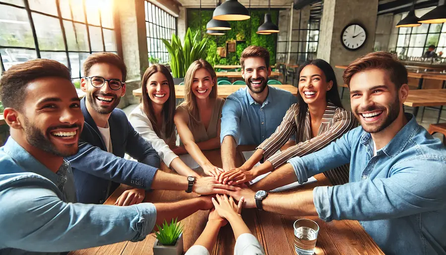 A group of diverse people sitting around a table in a modern, well-lit workspace, smiling and placing their hands together in unity, symbolizing teamwork and collaboration. The background features green plants, adding to the positive and welcoming atmosphere.