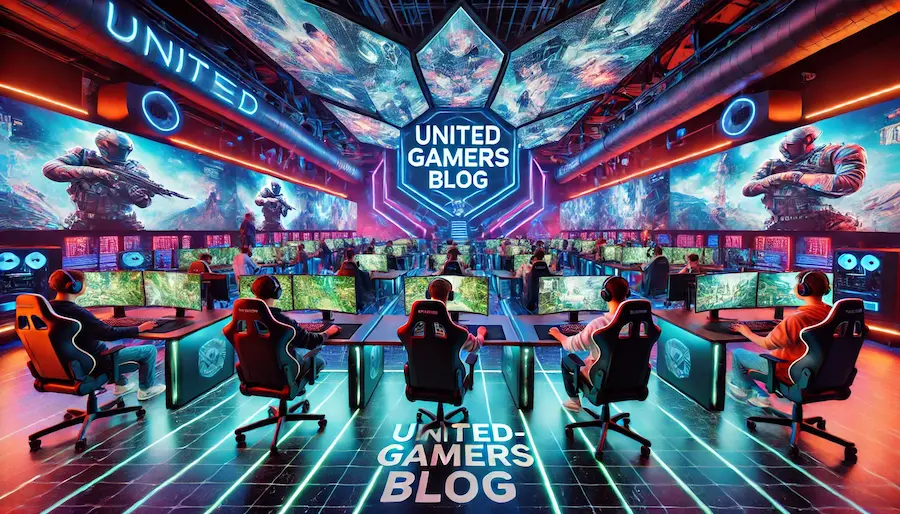 A vibrant gaming environment with gamers playing on high-tech computers in a large room. The room is filled with multiple screens showing various gaming visuals, creating a futuristic and immersive atmosphere. The gamers are sitting in ergonomic chairs, surrounded by neon lights and digital holographic displays. The ceiling is adorned with game-related logos, while the floor is designed with a digital grid pattern. In the center of the room, a prominent 'United-Gamers Blog' logo is displayed. The overall mood is dynamic, energetic, and focused on gaming.