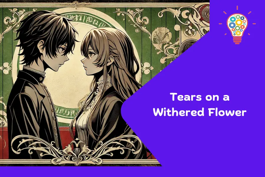 Anime-style illustration of a young man with black hair and a young woman with long brown hair facing each other emotionally. The background features vintage green and red ornate patterns. A vibrant purple overlay with the text "Tears on a Withered Flower" enhances the design.