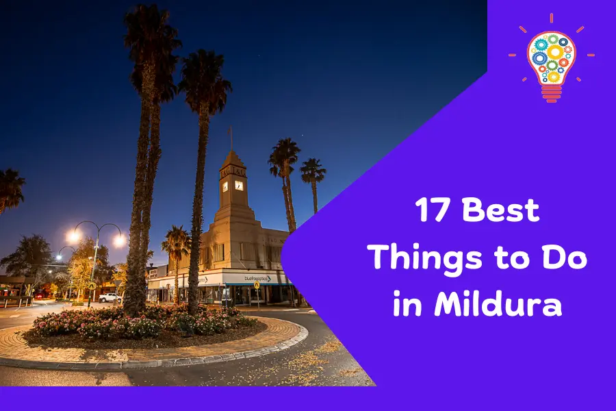 17 Best Things to Do in Mildura - Palm trees and clock tower in the city center at night, highlighting the beauty and charm of Mildura, Victoria.