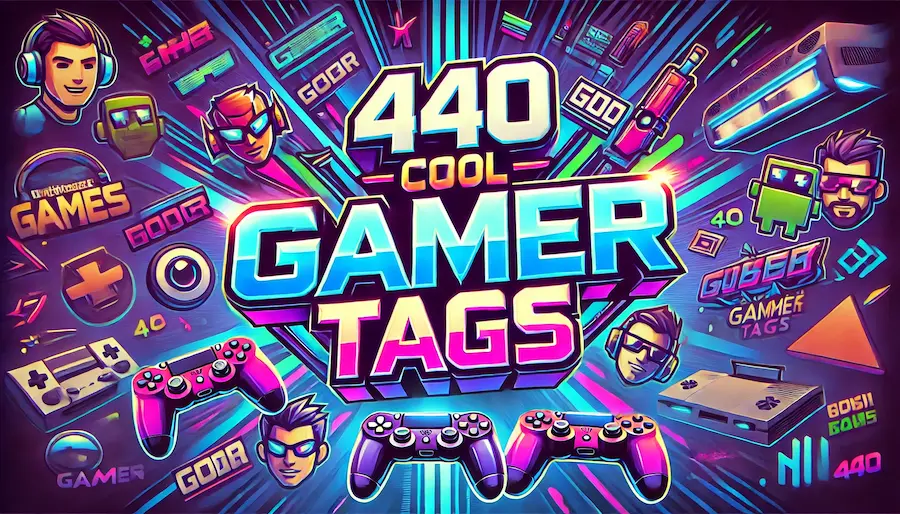 Futuristic and dynamic image with the text '440 Cool Gamer Tags' in bold, modern typography. The background features a digital, gaming-inspired theme with controllers, avatars, and high-tech elements.