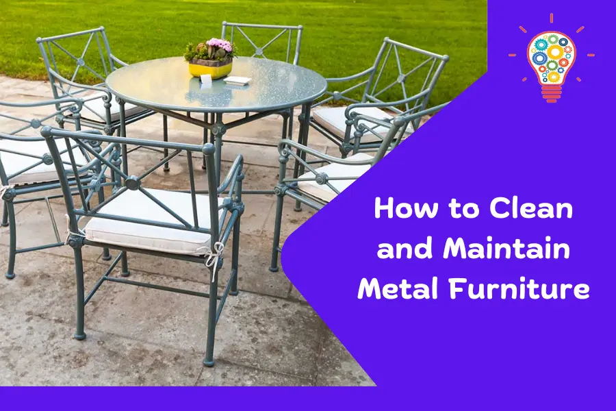 Gray metal patio table and chairs set on a stone patio, illustrating how to clean and maintain metal furniture effectively.