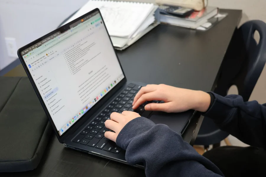 Student Academic Research Workspace A student typing a term paper on a laptop computer at a library desk