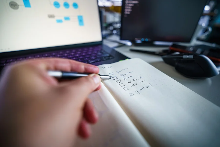 Prompt Formula Template Notes A clean workspace desk with a checklist notebook, pencil, and laptop computer